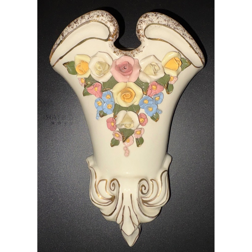 Vintage Capodimonte porcelain floral wall pocket - blue, green, pink‎ & gold